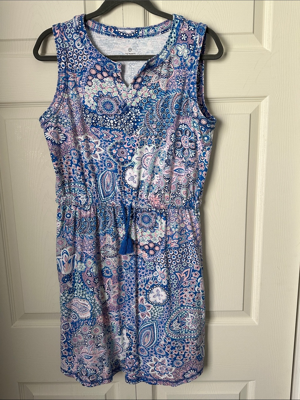Talbots Blue and Pink Paisley Sleeveless Drawstring Mini Dress medium petite (MP